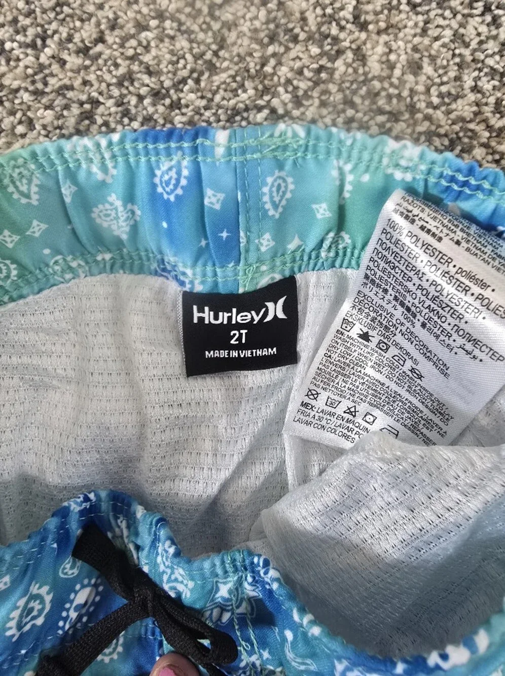 Hurley Blue Paisley Swim Trunks & Old Navy Neon Green Shark Rash Guard Boys   2t